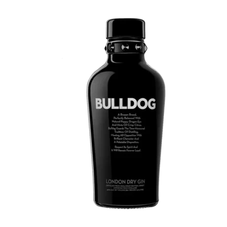 Bulldog Gin: A bottle of London Dry Gin with the brand name "Bulldog Gin" prominently displayed.