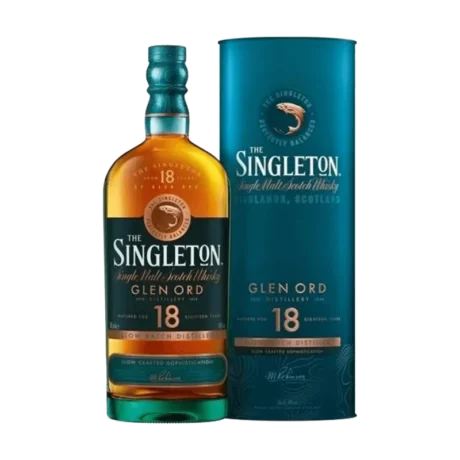Singleton Glen Ord 18-year-old single malt Scotch whisky bottle with golden liquid and elegant packaging.