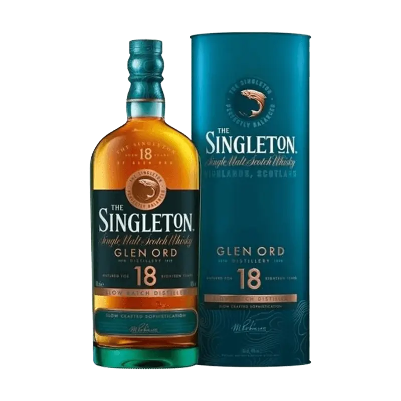 Singleton Glen Ord 18-year-old single malt Scotch whisky bottle with golden liquid and elegant packaging.