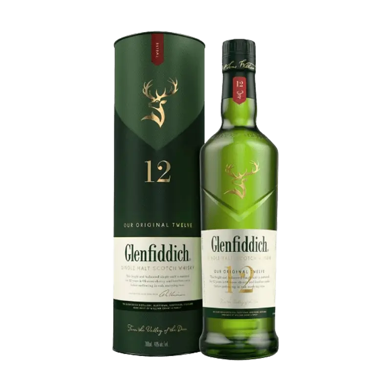 Glenfiddich 12 Year Old Single Malt Scotch Whisky - A golden-hued whisky aged for 12 years, offering a rich and smooth flavor profile.