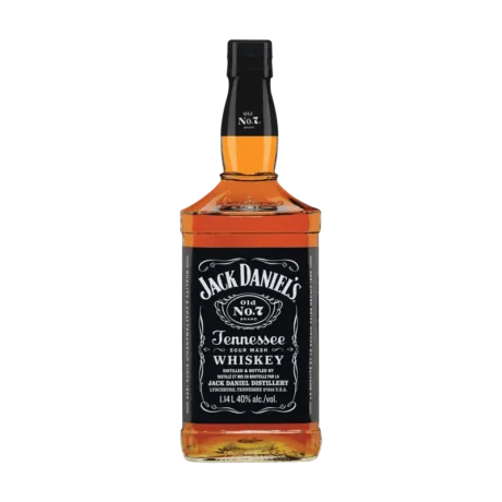 Jack Daniels Tennessee Whiskey: A bottle of Jack Daniels Old No. 7, a famous Tennessee whiskey, in a black label design.