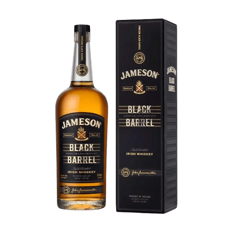 Jameson Black Pot Still Irish Whiskey: A bottle of Jameson Black Barrel, a rich and smooth Irish whiskey.