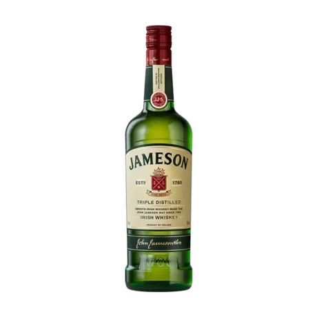 Jameson Irish Whiskey: A bottle of Jameson Triple Distilled, a popular Irish whiskey known for its smoothness and rich flavor.