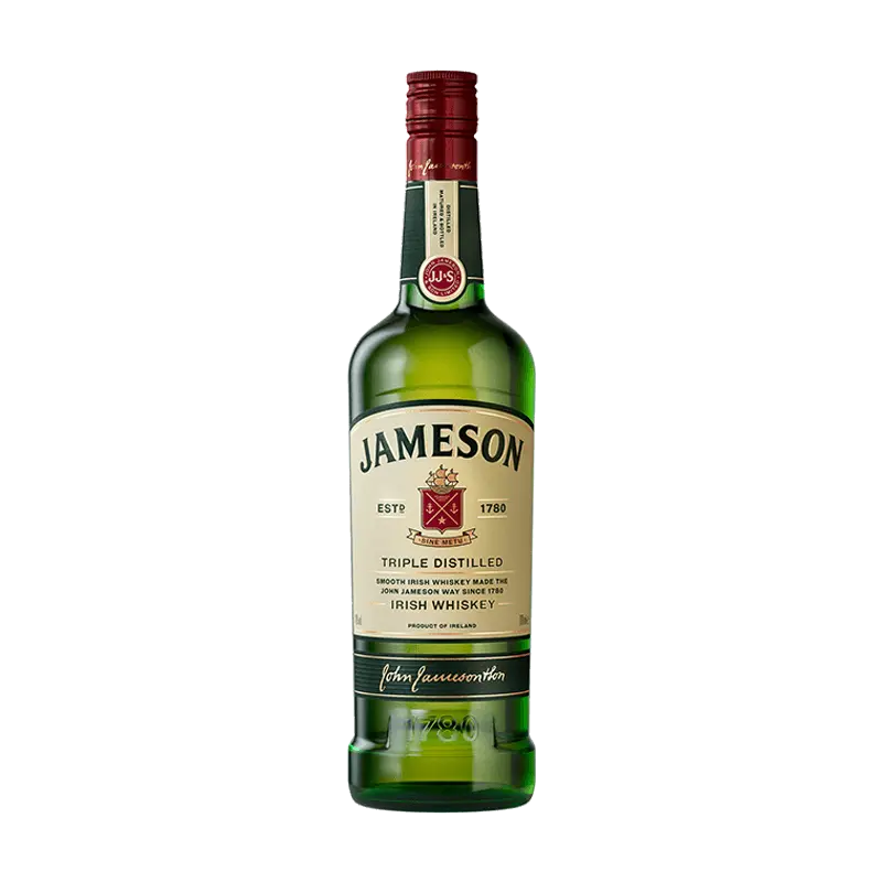 Jameson Irish Whiskey: A bottle of Jameson Triple Distilled, a popular Irish whiskey known for its smoothness and rich flavor.