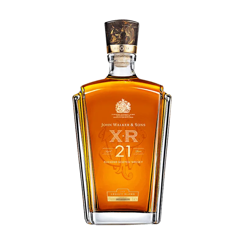 A bottle of Johnnie Walker XR 21 on a black background.