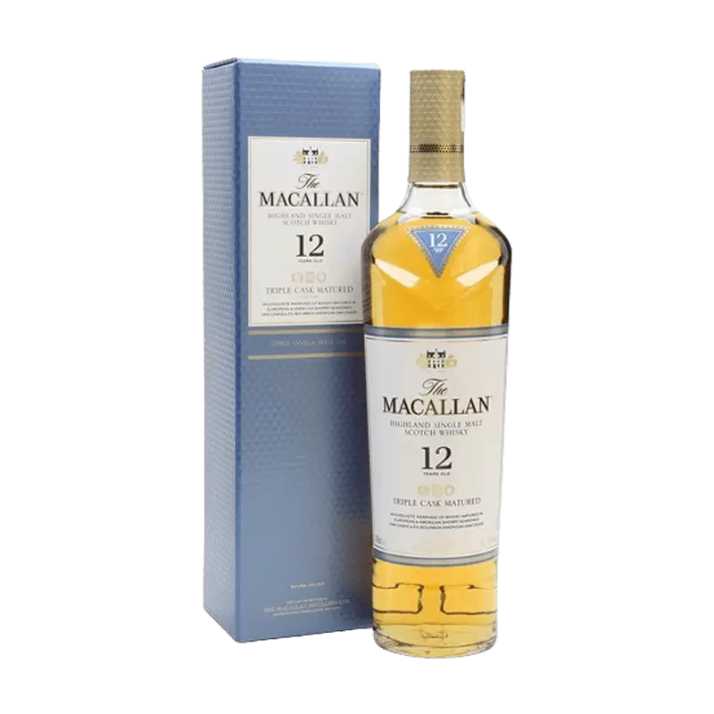 The image shows a bottle of Macallan Triple Cask 12 Year Old Single Malt Scotch Whisky, known for its triple cask maturation process.