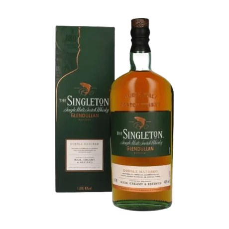 A bottle of Singleton Glendullan, a single malt scotch whisky, with a golden hue and rich flavor.