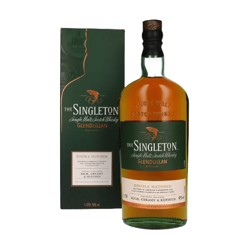 A bottle of Singleton Glendullan, a single malt scotch whisky, with a golden hue and rich flavor.